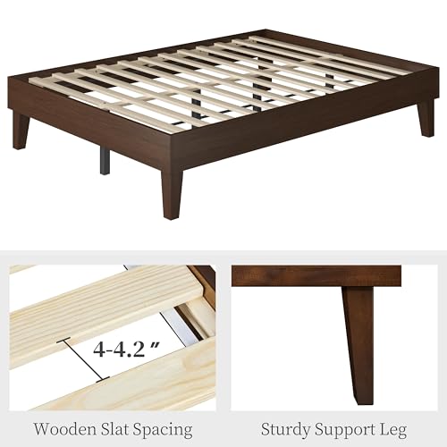 Yaheetech Full Bed Frame Natural Solid Wood Platform Bed with Wooden Slats Support, 12-inch Underbed Space for Storage, Noise-Free Design, Easy Assembly, Dark Walnut Finish Yaheetech