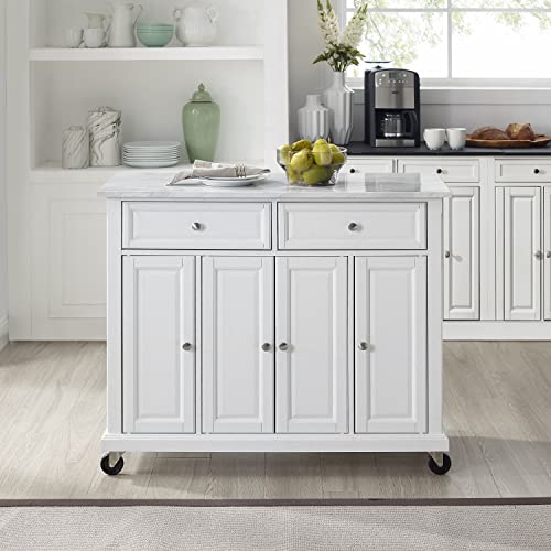 Crosley Furniture Avery Rolling Kitchen Island Storage Cart with Shelves, Microwave Stand, Coffee Bar, Distressed White Crosley Furniture