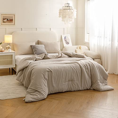 ROSGONIA Queen Comforter Set Oatmeal, 3pcs(1 Boho Oatmeal Comforter & 2 Pillowcases) All Season Soft Bedding Lightweight Bedspread Blanket Quilt ROSGONIA