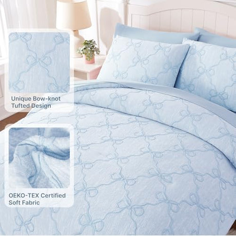Wink Deer Queen Comforter Set with Sheets for Girls-7 Pieces Queen Bedding Sets with Light Blue Comforter, Sheets, Pillowcases & Shams for Kids (Light Blue Bow Knot, 90" X 90") Wink Deer
