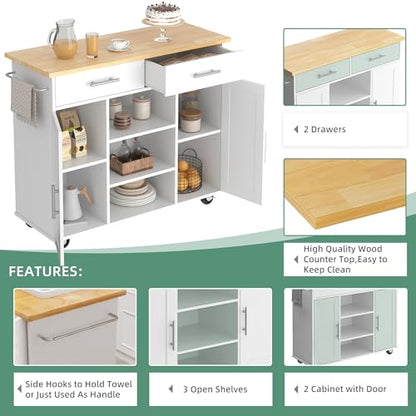 Shintenchi Kitchen Storage Island Cart with 3 Open Shelves, 2 Drawers and 2 Cabinets, Kitchen Cart on Wheels with Handle/Towel Rack, White