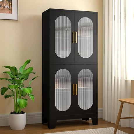 Winiowa 61" Black Metal Pantry Cabinet with Adjustable Shelves and Acrylic Glass Doors winiowa