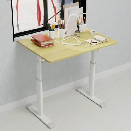 Penau Height Adjustable Standing Desk, Manual Crank Sit Stand Computer Desk, Compact Rectangular Home Office Study Desk, White Frame Natural Wood Top, 32.68 x 23.62 x 35.43 Inchs Penau