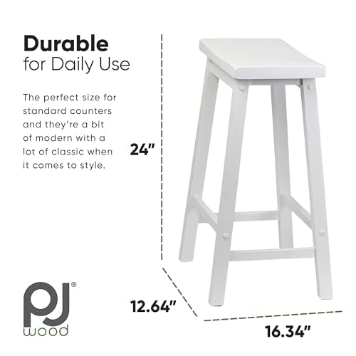PJ Wood 24-Inch Backless Solid Wood Saddle Seat Counter Stools in White - Set of 2 PJ Wood