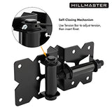 2 Pack Self Closing Gate Hinges for Wooden Fences Heavy Duty Solid Vinyl Fence Gate Closer Hinges with 22 Screws Swing Adjuster Tool 90 Degree Tension Boerboel Gate Hardware Kit Black Finish HILLMASTER