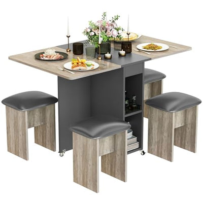 Lamerge Folding Dining Table Set for 4, Dinner Table with 4 Leather Chairs and Shelves, Space Saving Foldable Dining Table with 6 Wheels, Kitchen Table Set for Small Spaces (Grey)