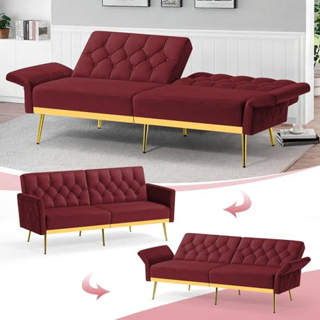 ACMEASE Velvet Sofa Bed w/Adjustable Armrests & Backrests, Modern Convertible Sleeper Sofa, Tufted Futon Sofa for Bedroom, Living Room, Apartment, Red ACMEASE