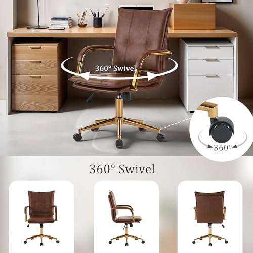 MOJAY Mid-Back Ergonomic Leather Office Desk Chair, Modern Upholstered Computer Chair, Executive Office Chair with Arms, Swivel Adjustable Rolling Chair with Gold Base (Brown) MOJAY