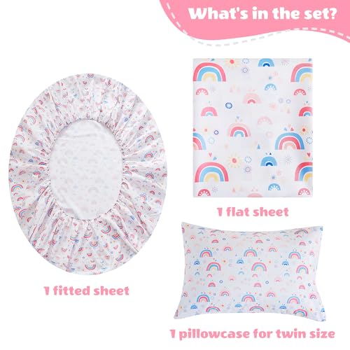 Mooreeke Twin Sheets Set Kids, Girls Twin Sheets, Cute Rainbow Printed, Soft Microfiber Kids Bedding Set Mooreeke