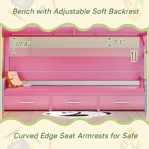 Dnxao Low Twin Loft Bed with Desk,9 Storage Drawers,Kids Loft Bed with 15.8" H Safety Guardrail,Twin Bed Frames for Kids with LED Lights and Charging Station,Under-Bed Play Space,Pink Dnxao