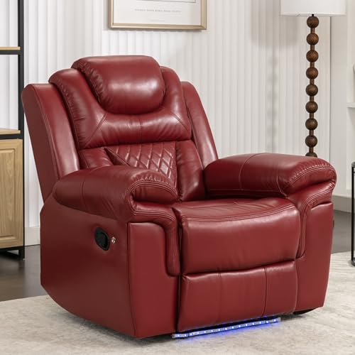 Olodumare Leather Recliner Chair with Adjustable Backrest, Modern Home Theater Seating with LED Light Strip for Living Room, Bedroom, Home Theater, RV(Wine Red)