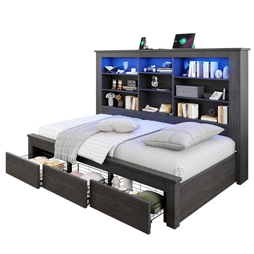 Jocisland Twin Bed Frame with Storage Drawers, Bookcase Headboard, USB Charging, RGB Lights, Farmhouse Wood Daybed, No Box Spring Needed, Black Jocisland