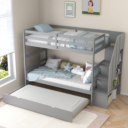 KOTEK Twin Over Twin Bunk Bed with Trundle and Stairs, Solid Wood Bunk Bed Frame with Storage Shelf, Bunk Beds Detachable into 2 Platform Beds for Kids Teens Adults (Grey) KOTEK