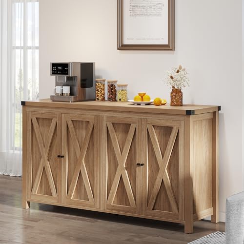 YITAHOME Farmhouse Sideboard Buffet Cabinet with Storage with 4 Doors, 55'' Large Kitchen Storage Cabinet, Wood Coffee Bar Cabinet with Adjustable Shelf for Kitchen, Living Room, Oak