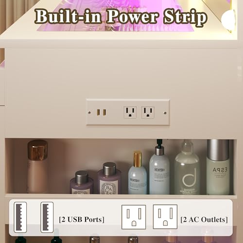 HUAHUU Vanity Desk with Lighted Mirror & Transparent Top, Makeup Vanity Desk with 4 Transparent Drawers and RGB Lighting, Built-in Power Outlet, 3-Tier Side Shelves & Storage Organizer for Bedroom HUAHUU