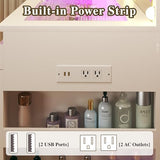 HUAHUU Vanity Desk with Lighted Mirror & Transparent Top, Makeup Vanity Desk with 4 Transparent Drawers and RGB Lighting, Built-in Power Outlet, 3-Tier Side Shelves & Storage Organizer for Bedroom HUAHUU