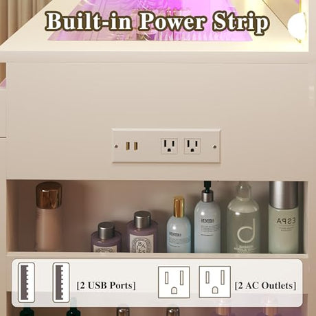 HUAHUU Vanity Desk with Lighted Mirror & Transparent Top, Makeup Vanity Desk with 4 Transparent Drawers and RGB Lighting, Built-in Power Outlet, 3-Tier Side Shelves & Storage Organizer for Bedroom HUAHUU