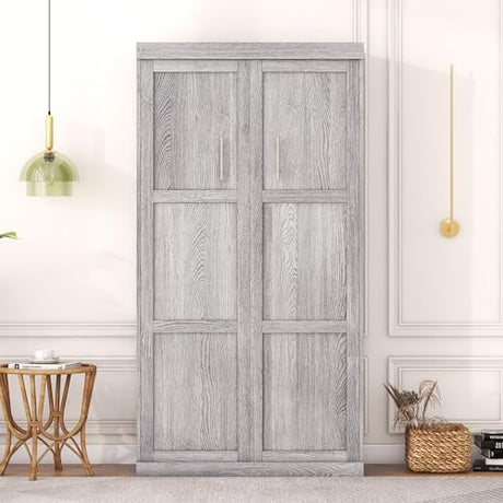 SOFTSEA Twin Size Murphy Bed for Living Room Farmhouse Wood Hidden Foldable Wall Bed Frame for Home Office, Can Be Folded Into a Cabinet, 2 in 1 Cabinet Bed, Gray SOFTSEA