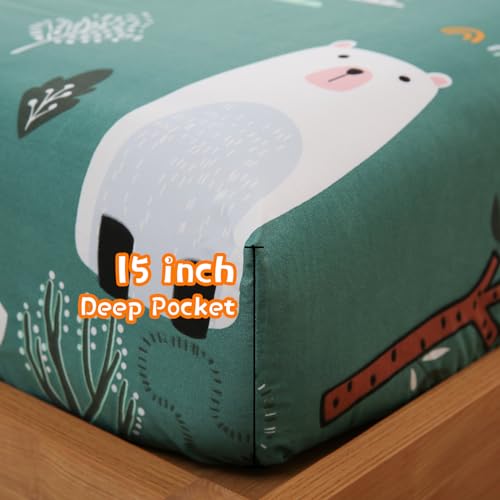 JSD Green Forest Animals Kids Sheet Set Twin Size, 3 Piece Woodland Printed Microfiber Bed Sheets Deep Pocket JSD