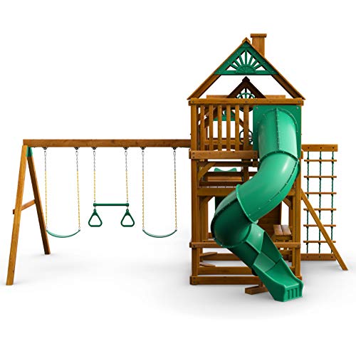 Gorilla Playsets 01-1037-AP Treasure Trove Treehouse Wood Swing Set with Tube Slide, Built-in Sandbox Area, and Clatter Bridge, Amber