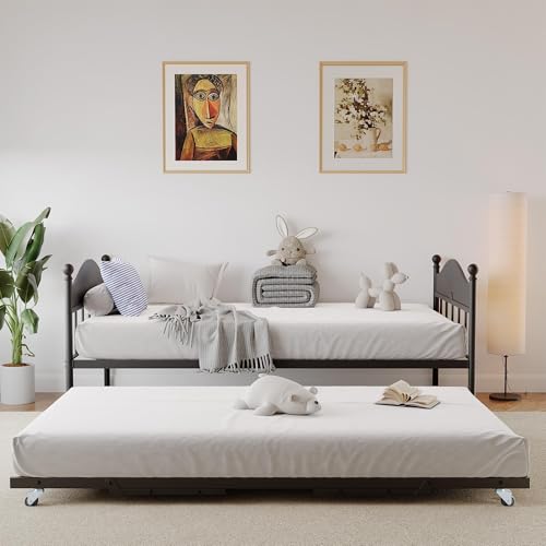 Daybed with Trundle, Metal Twin Size Day Bed with Stylish Headboard, Sofa BedFrame with Pop Up Foldable Trundle Bed, Heavy Duty Steel Slats Platform for Living Room, Bedroom and Guest Room, Black IDEALHOUSE