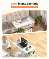 QZMDSM Portable Desk with Wheels Small Standing Desk on Wheels Adjustable Height Rolling Desks for Small Spaces, 32" Computer Desks with Storage Shelves for Home Office Study White QZMDSM