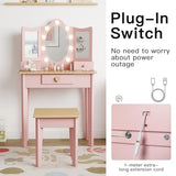 labebe Kids Vanity, Girls Vanity Desk with LED Changing Lights, Pretend Play Princess Vanity Set, Wooden Toddler Makeup Desk Dressing Table with Drawer and Chair (Pink) labebe