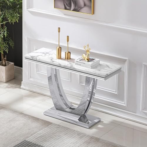 Goderfuu 47" White Marble Console Table, Rectangular Faux Marble Sofa Table, Luxury Entryway Table Long Narrow Hallway Table, Modern Console Table for Living Room with Silver Stainless Steel U-Base Goderfuu