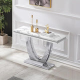 Goderfuu 47" White Marble Console Table, Rectangular Faux Marble Sofa Table, Luxury Entryway Table Long Narrow Hallway Table, Modern Console Table for Living Room with Silver Stainless Steel U-Base Goderfuu