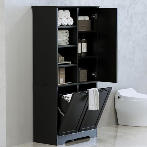 Merax Cabinet with Tilt-Out Laundry Hamper Basket, Tall Bathroom Storage Organizer Linen with Open Shelf for Home, Freestanding, Black Merax