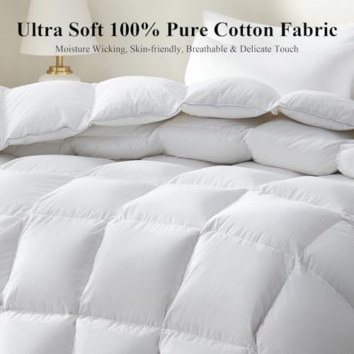 Ubauba Goose Feather Down Fiber Comforter King Size - All Season White Fluffy Duvet Insert - 750+ Fill Power Luxurious Hotel Bedding Comforter - Soft 100% Cotton Cover, Medium Warmth (106x90 Inch) Ubauba