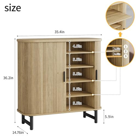 Maupvit Shoe Storage Cabinet with Smooth Fluted Sliding Doors, 5-Tier Shoe Cabinet Storage for Entryway, Narrow Hidden Shoe Rack for Front Door Entrance, Metal Handles and Legs, Natural Maupvit