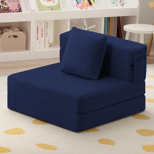 MeMoreCool Foldable Futon Chair Bed for Kids, Toddler Sofa Mattress, Convertible Foam Floor Couch, Tri-fold Sleeping Mattress (Navy) MeMoreCool