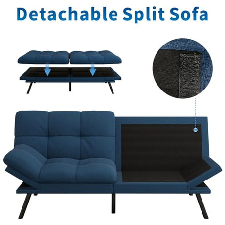 MUUEGM Futon Sofa Bed, 71" Convertible Linen Memory Foam Couch Bed, Modern Backrests Armrests Love Seat for Living Room,Apartment,Office,Blue Sleeper Couch MUUEGM