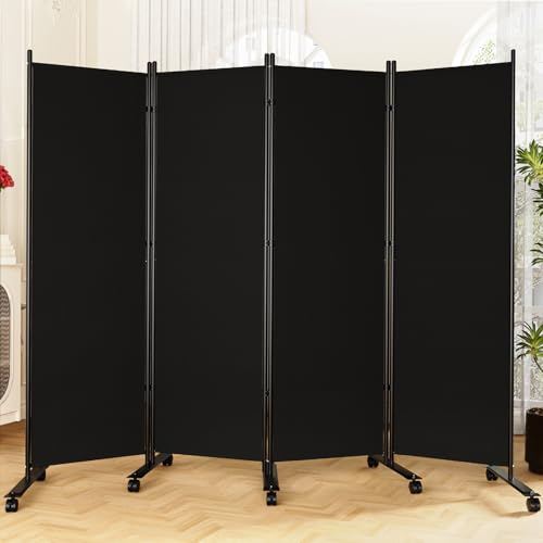 SUNALLY Room Divider 6FT Folding Privacy Screens with Lockable Wheels, 4 Panel Room Partition for Room Separator, 88" W Freestanding Portable Fabric Wall Dividers for Home Dorm Studio Office, Black SUNALLY