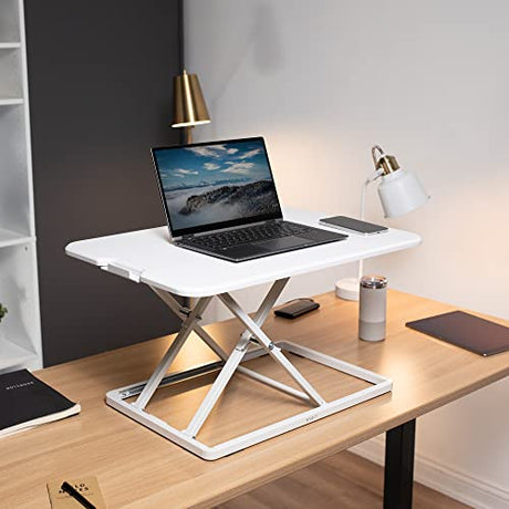 VIVO Ultra-Slim Single Top Height Adjustable Standing Desk Riser, Compact Sit Stand Desktop Converter for Monitor or Laptop, White, DESK-V001JW VIVO