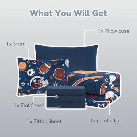 Wink Deer Twin Comforter Set for Boys-5 Pieces Sports Ball Games Glow in the Dark Twin Bedding Sets for Kids, Ultra Soft Bed in A Bag with Sheets Wink Deer