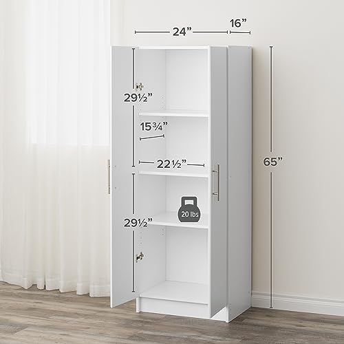 Prepac Elite 24" Storage Cabinet, White Storage Cabinet, Bathroom Cabinet, Pantry Cabinet with 3 Shelves 16" D x 24" W x 65" H, WES-2464