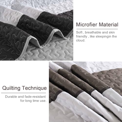 Dinjoy Boho Quilt Set Full Size,3 Pieces Grey Striped Bedspreads,Soft Microfiber Quilted Quilts Bedding Set with 2 Pillow Shams Lightweight Coverlet 78"x90" for Summer Fall Bed Dinjoy