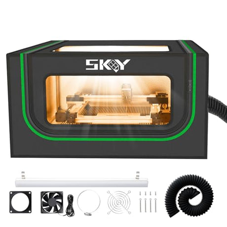 Laser Engraver Integrated Enclosure with LED Light, Fireproof and Dustproof Protective Cover 28.3 * 28.3 * 15.7, Exhaust Fan 4000RPM and Pipe, Against Smoke Odor and Noise Eye Protection-Black Skouphy