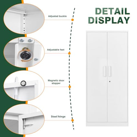 Letaya Metal White Storage Cabinet with Lock-71 Tall Metal Pantry Cabinets,5 Adjustable Shelves and Door for Home,Office,Kitchen,Warehouse,Utility Room(White) Letaya
