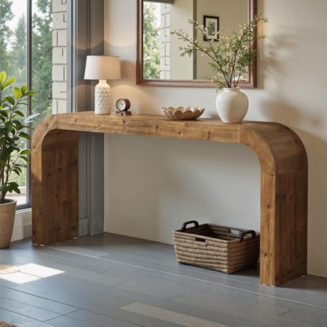 TRIBEWOOD Solid Wood Console Table, 70.87-Inch Farmhouse Sofa Table with Waterfall Curved Corners for Hallway, Living Room, Behind Couch, Entrance (Natural Wood) TRIBEWOOD