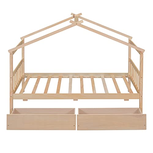 Merax Natural Twin Size Wooden House Bed with Two Storage Drawers for Kids and Teens Merax