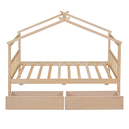 Merax Natural Twin Size Wooden House Bed with Two Storage Drawers for Kids and Teens - WoodArtSupply