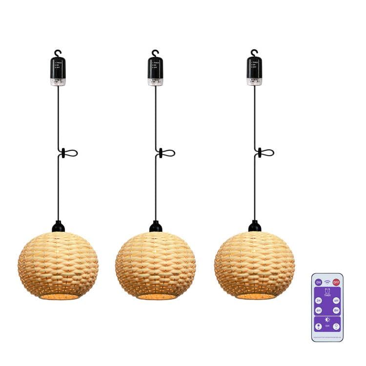 EcoGehen Battery Operated Farmhouse Pendant Light Outdoor Chandelier for Gazebo Hanging Lamp with Remote Control Timer LED Bulbs Rattan Globe Shade Lantern for Porch Patio Backyard Powered by 4*AA