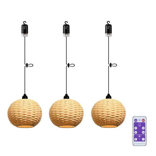 EcoGehen Battery Operated Farmhouse Pendant Light Outdoor Chandelier for Gazebo Hanging Lamp with Remote Control Timer LED Bulbs Rattan Globe Shade Lantern for Porch Patio Backyard Powered by - WoodArtSupply