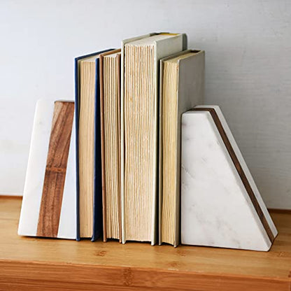 Main + Mesa Marble Geometric Bookends with Wood Inlay, White