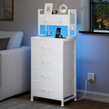 REAHOME 41 Inch Tall Nightstand with Charging Station, LED Night Stand with 6 Fabric Drawers, Bed Side Table with 3-Tier Wood Storage Shelves for Bedroom, Office, Small Spaces, White REAHOME