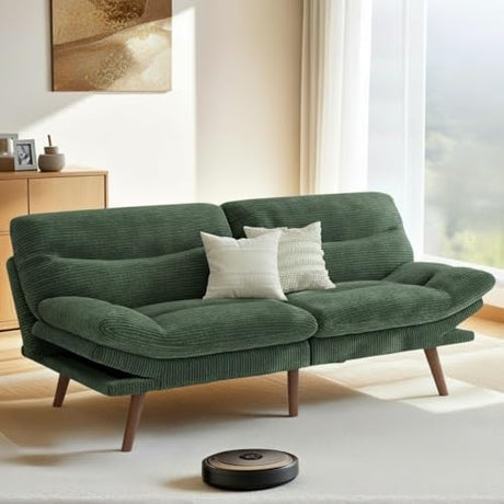 Pipishell Futon Sofa Bed, 75 Inch Corduroy Futon Couch Convertible with Adjustable Backrest and Armrests, Recliner Sleeper Sofa for Small Spaces, Living Room, Office, Guest Room (Green, 75 Inch) Pipishell