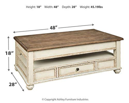 Signature Design by Ashley Realyn Vintage Farmhouse Rectangular Lift Top Coffee Table with Storage Drawer, White & Brown - WoodArtSupply